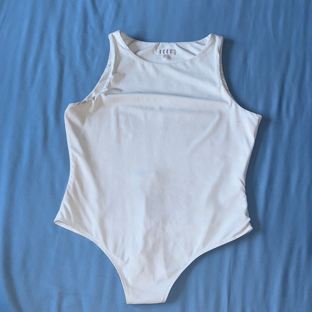 TCEC White Bodysuit One Piece with High Neckline